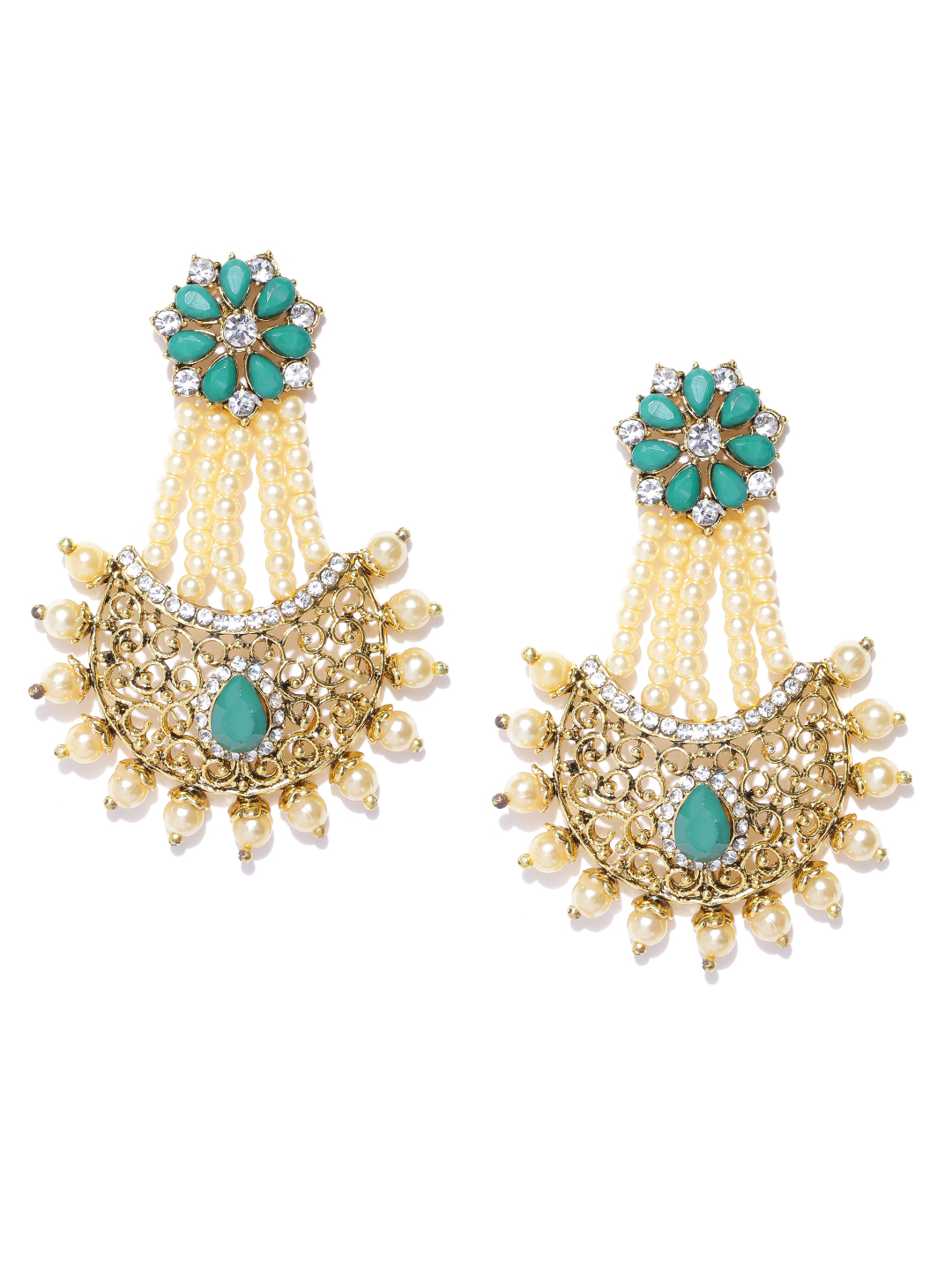 YouBella Off-White Gold-Plated Stone-Studded Beaded Chandbalis